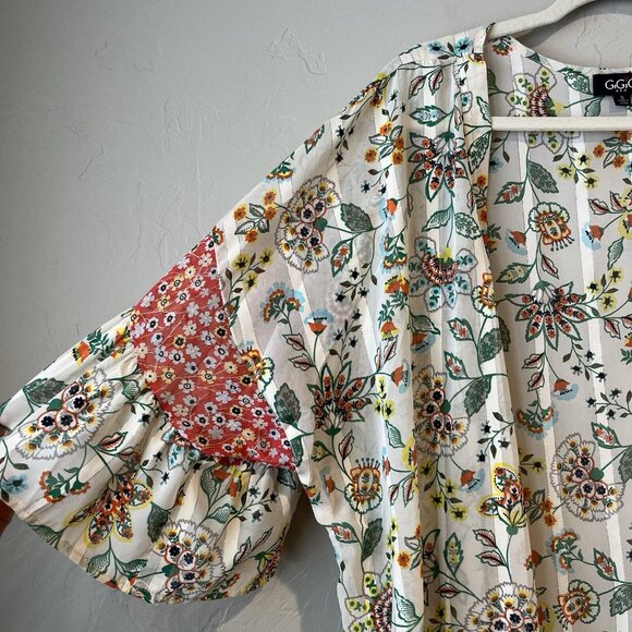 Women's S Cream Floral Open Front Boho Long Kimono Resort swim Coverup Gigio Ruf - Picture 4 of 13